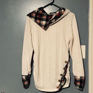 Hooded Plaid Accent White Sweater